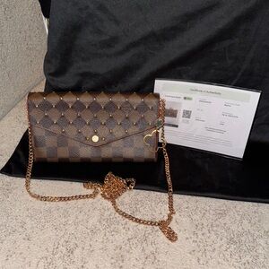 Louis Vuitton Brown Checkered Clutch with Gold Chain